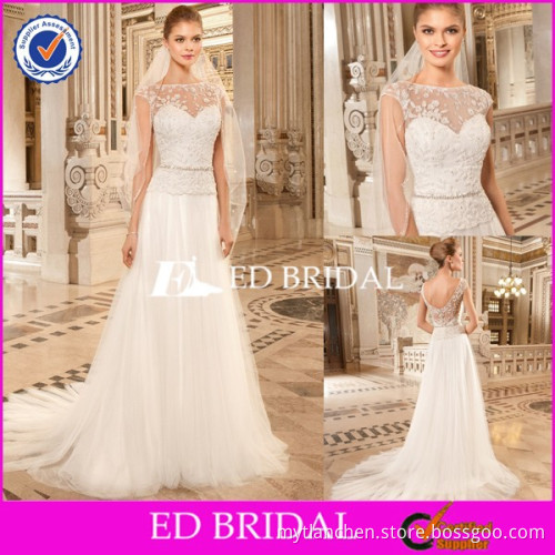 CE328 Elegant 2015 Simply Cap Sleeve Appliqued Lace Beading Backless Wedding Guest Dresses